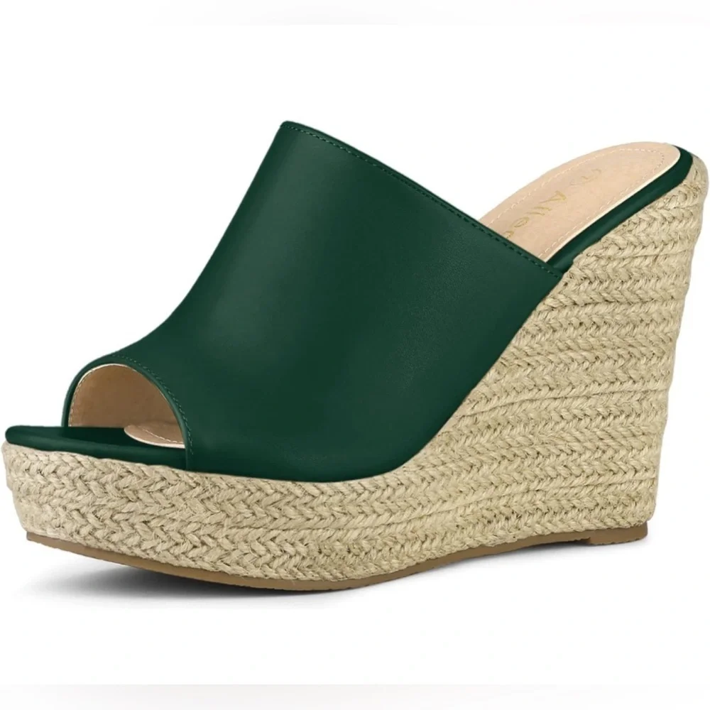 Allegra K Slip on Platform Sandals Espadrilles Wedges Slides Mules, Black 9